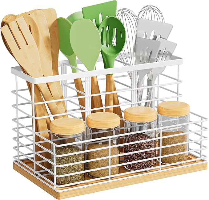 VITVITI Kitchen Utensil Holder for Counter, Large 4 Compartments Metal Bamboo Utensil Organizer, Farmhouse Cooking Utensils Holder Caddy for Countertop, White