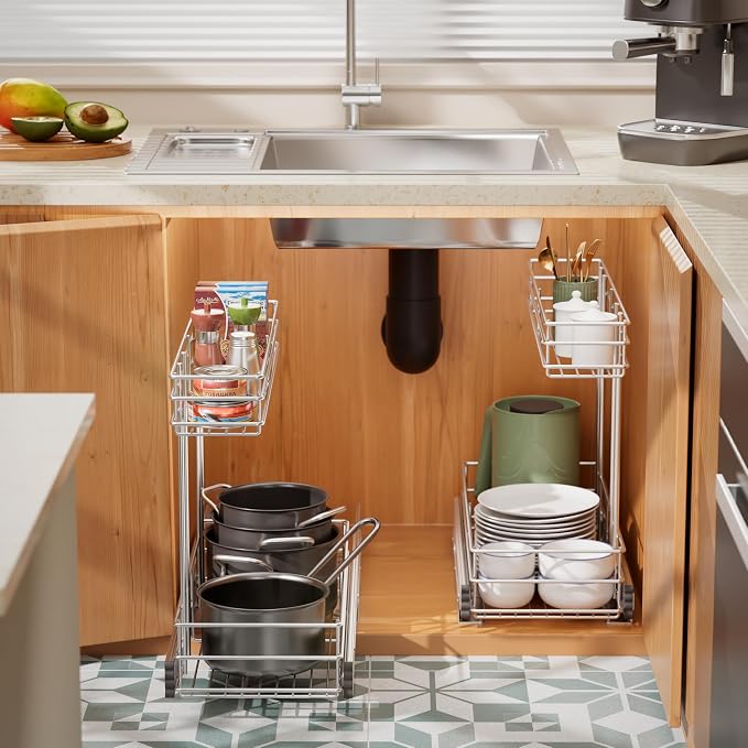 Under Sink Organizer 2 Packs, Pull Out Cabinet Organizer 2 Tier, Under Sink Slide Out Organizer Chrome Plated, Under Kitchen Bathroom Sink Organizer, Pantry Cabinet Closet Organization Rack, 9"W X19"D