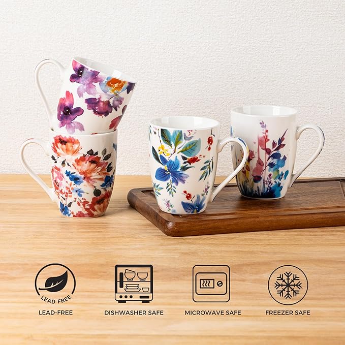 GBhome 12oz Coffee Mugs Set fo 6, Ceramic Coffee Mugs with Decaled Flowers for Man Woman Mom Dad, Light Weight Coffee Mugs Set for Latte/Cappuccino/Cocoa/Milk, Dishwasher & Microwave Safe