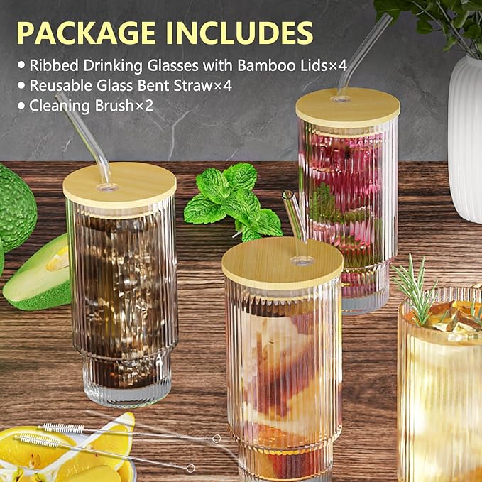 CWHHRN 16OZ Ribbed Glass Cups with Lids and Straws 4 Set, Vintage Glassware for Whiskey Cocktail Beer, Iced Coffee Cups with Lid, Glass Tumbler with Straw and Lid (4 PACK)