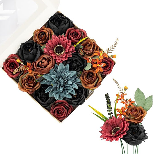 FANKO Artificial Flowers for DIY, Black Burgundy Brown Faux Flowers Bouquet, Fake Rose Dahlia Lily Silk Flowers for Vase, Home Decor, Rustic Wedding, Gothic Events, Party, Themed Birthday