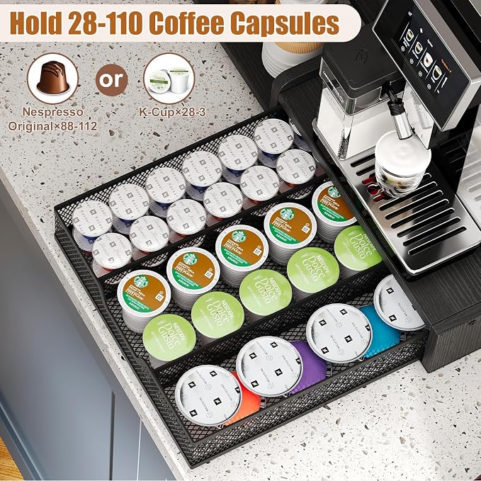 Coffee Station Organizer with K Cup Holder, 28 Pod Capacity,3-Tier Syrup Rack with Coffee Pod Holder Drawer, Coffee Bar organizer Countertop for Accessories,Black