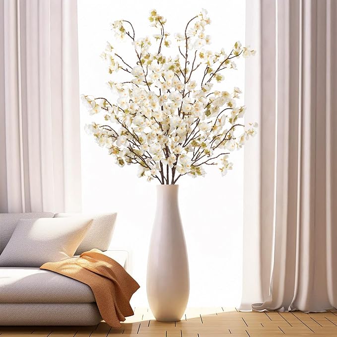 Ammyoo 4 Pcs Artificial Cherry Blossom Flower Branches, Bulk Silk Faux Flowers Real Touch Bouquet for Home Wedding Party Centerpieces Spring Summer Decor, Vase Not Included (White)