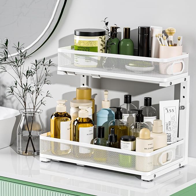 Under Sink Organizer 2 Pack, High Adjustable 2 Tier Under Sink Organizers and Storage, Slide out Metal Cabinet Organizers, Pull out Storage Drawer Shelf for Kitchen Bathroom Cabinet (White-1 pack)