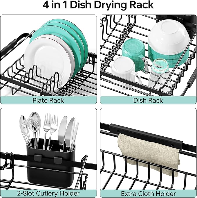 Urackify Dish Drying Rack in Sink - Stainless Steel Expandable (14.5''-18''L) Over The Sink Dish Rack with Utensil Holder, Space-Saving Dish Drainer for Kitchen Counter, 1 Piece, Matte Black