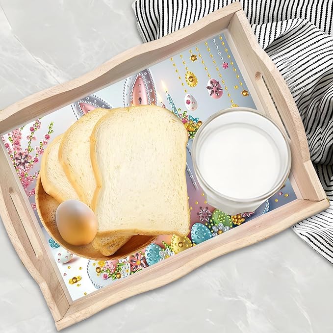 BAYUNOE 2Pcs DIY Diamond Serving Tray Rectangular Breakfast Tray with Handle Handmade Diamond Art Painting Wooden Tray Spring Creative Dinner Plate Coffee Room Living Home Organizer-03