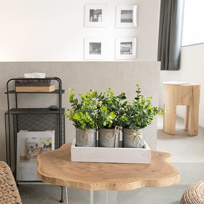 Dahey Decorative Galvanized Metal Pots Centerpiece Decor Wood Tray with Artificial Plant, 3 Buckets with Eucalyptus, Rustic Farmhouse Home Decor for Coffee Table Dining Living Room Kitchen Bath, White