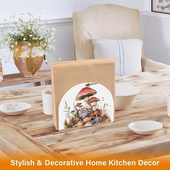 Fustylead Watercolor Cute Mushrooms Dragonfly Napkin Holder for Table Acrylic Cocktail Napkin Holders Small Decorative Napkin Dispenser for Home Party Holiday Dining Kitchen Accessories