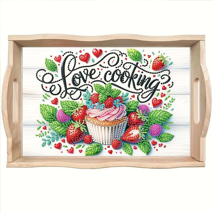BAYUNOE DIY Diamond Serving Tray Rectangular Wooden Breakfast Tray with Handle Handmade Diamond Art Painting Spring Creative Dinner Plate Coffee Room Living Home Organizer-Cupcake