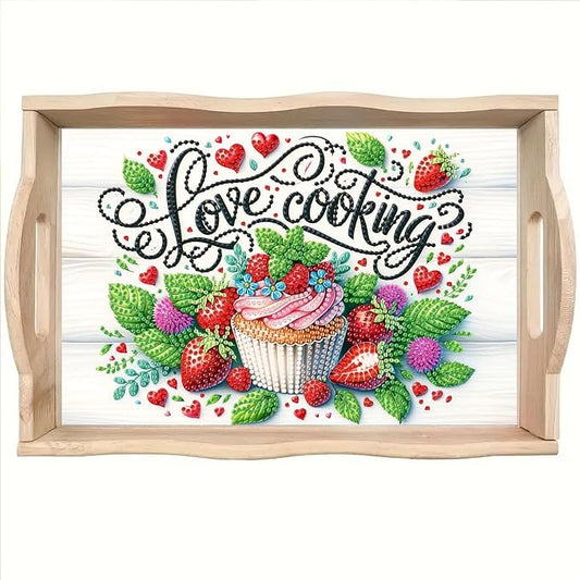 BAYUNOE DIY Diamond Serving Tray Rectangular Wooden Breakfast Tray with Handle Handmade Diamond Art Painting Spring Creative Dinner Plate Coffee Room Living Home Organizer-Cupcake