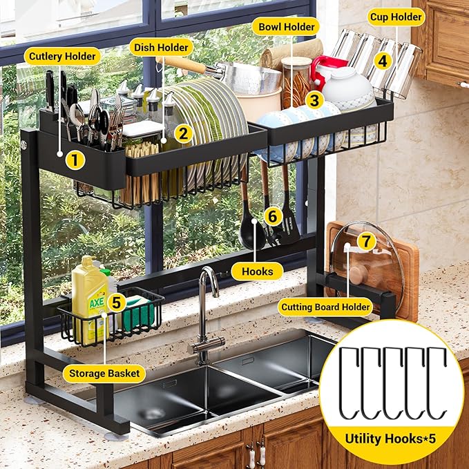 ilvvan Over Sink Dish Drying Rack (Expandable Height/Length) Snap-On Design Large Dish Drainer Storage Counter Organizer 24" - 35.5"(L) x 12"(W) x 19" - 22"(H)