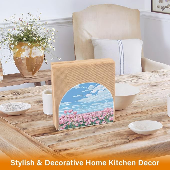 Napkin Holder Acrylic Napkin Holder for Table Kitchen Party Restaurant U Shaped Upright Napkin Dispenser Organizer Pink Tulip Field and Blue Sky