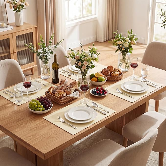Artoid Mode Beige Faux Leather Placemats Set of 6, 12x18 Inch Waterproof Wipeable Heat Resistant Vinyl Place Mats, Reversible Table Mats for Kitchen Dining Decor