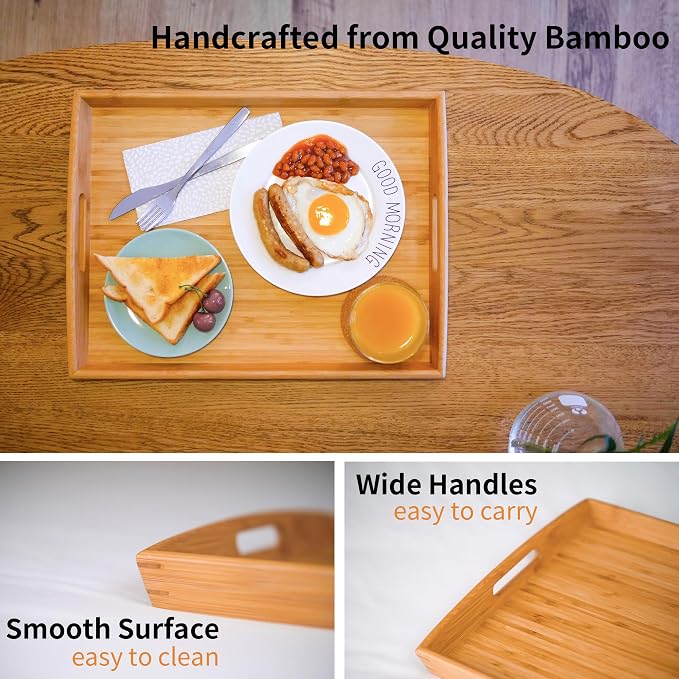 Joy&Grace Bamboo Serving Tray with Handles, Dinner Food Tray for Bed Breakfast Eating and Serving, for Coffee Table Ottoman TV, Decorative Wood Large Charcuterie Platter 16.8 x 12.5 inch 1 Pack
