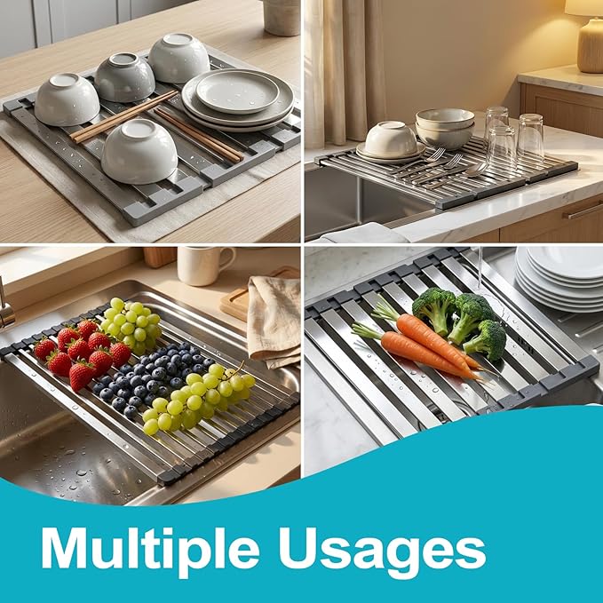 Aluminum Dish Drying Rack, 17.7" x 13.4", Foldable, Rust-Proof, Non-Slip Silicone Base, Over Sink, Gray