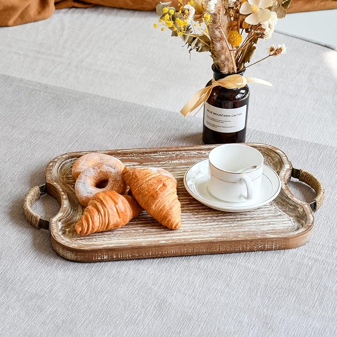 Rustic Wood Serving Tray with Metal Twine Handles Set of 2 Rectangular Decorative Trays Farmhouse Platter for Food, Fruit, and Coffee Great for Bed, Patio, Ottoman, Coffee Table, Kitchen, or Party.