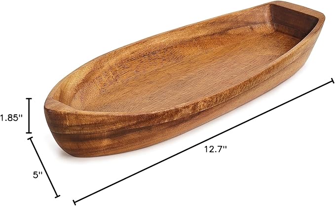 Lucky Boat Serving Tray, Acacia Solid Wood Interesting Shape Plate for Serving Desserts, Fruit, Snack and House Ornament,Key Tray,Functional and Storage Decorative Bowl。(M)