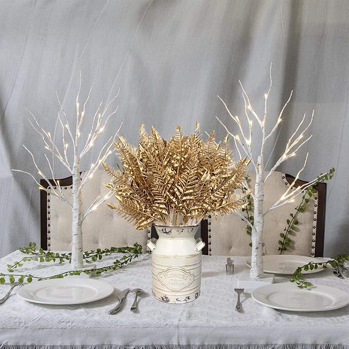 CATTREE Artificial Plants Christmas Decoration, Plastic Golden Boston Plant Fake Simulation Fern Leaves for Wedding Bridal Bouquet Party Indoor DIY Home Office Table Centerpieces Decor - Gold 4 Pack