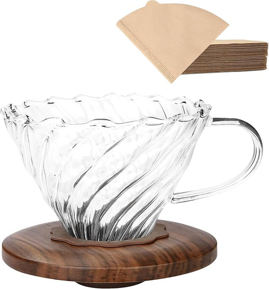 Lalord Pour Over Coffee Dripper with 100 pcs of Size 02 Paper Filter, Borosilicate Glass & Walnut Collar, Drip Coffee Maker, 1-3 Cups, Clear (Coffee Dripper)
