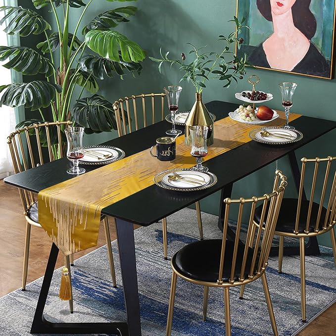 Gold Table Runner 72 Inches Long Luxury Abstract Geometry Thick Fabric Handmade Embroidery Pattern for Home Living Room Bedroom Dinner Room Art Decor Party