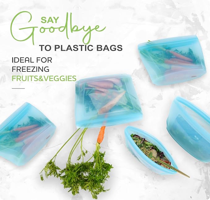 Zip Standing Reusable food container, silicone bag, 6 Pcs Zip Containers Can be used for fruit and vegetable snacks, etc. Microwave Dishwasher and Freezer Usable (blue)…