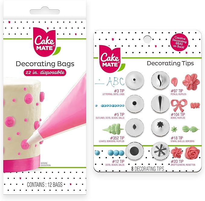 Cake Mate Decorating Bags and Tips Set – 12 Disposable 12-Inch Piping Bags with 8 Metal Tips for Cake, Cupcake, and Cookie Decorating – Includes Round, Star, Leaf, Petal, and Ruffle Designs