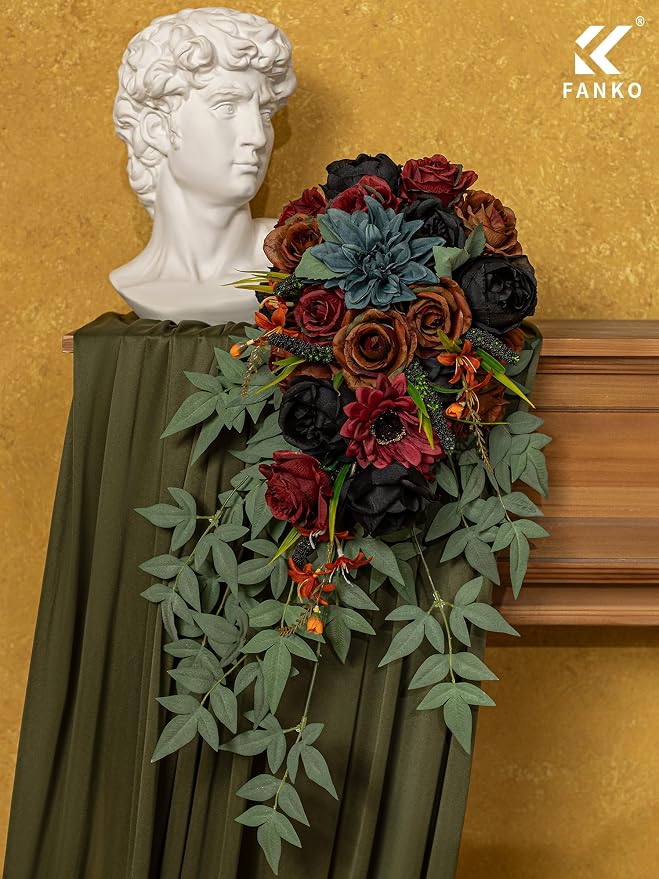 FANKO Artificial Flowers for DIY, Black Burgundy Brown Faux Flowers Bouquet, Fake Rose Dahlia Lily Silk Flowers for Vase, Home Decor, Rustic Wedding, Gothic Events, Party, Themed Birthday