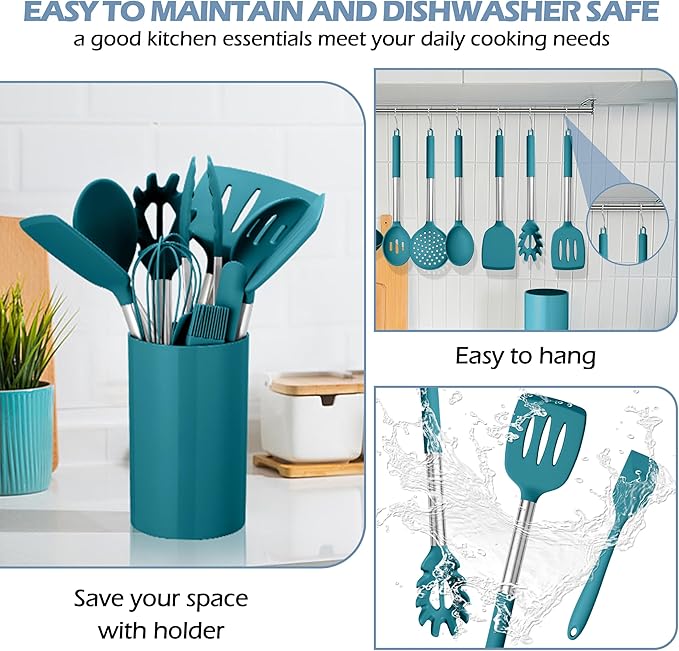 HaWare 29 PCS Silicone Cooking Utensils Set, Heat Resistant Kitchen Utensils Set with Stainless Steel Handle, Spatula Sets with Holder and Hooks, Kitchen Tools Gadgets for Nonstick Cookware -Blue
