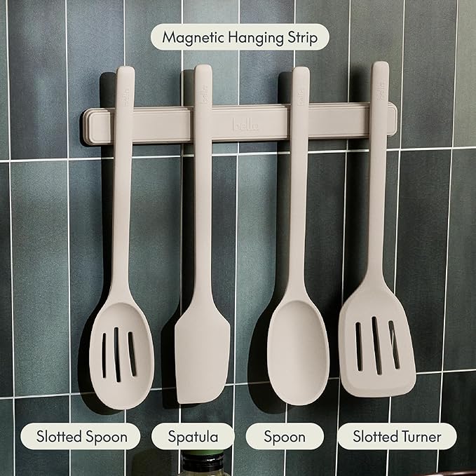bella 5-Piece Kitchen Tool Set with Magnetic Rack, Silicone, Turner, Spoon, Slotted Spoon, Spatula, Utensil Holder, Magnetic Holder, Non-toxic*, Food-grade, Heat safe to 425°F, Dishwasher Safe, Slate