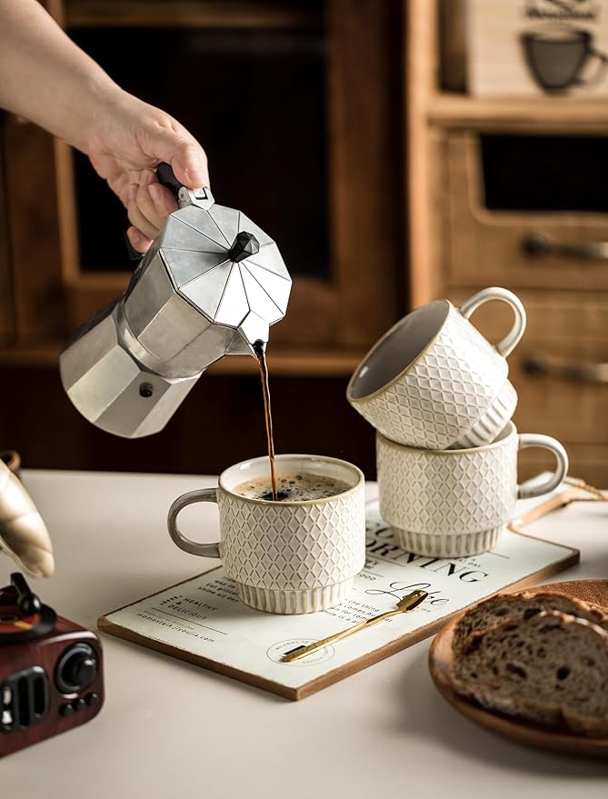 Gomakren Coffee Mugs Set of 4, 13 Ounce Stackable Coffee Mugs with Stand, Ceramic Coffee Cups with Spoon for Coffee, Espresso, Cappuccino, Latte, Cocoa, Tea and Milk, Creamy White