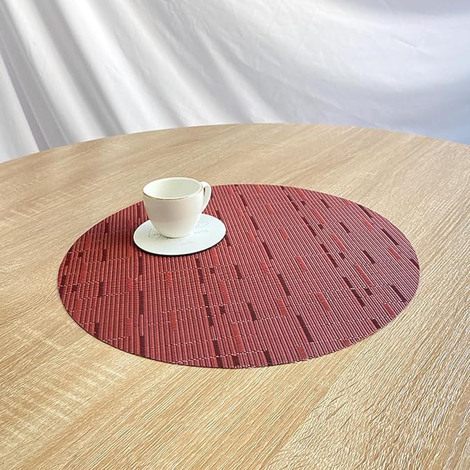 Round Placemats Set of 4 Woven Table Mats Washable Non-Slip Place Mats 13.8 Inch for Christmas Decoration Home Wedding Party,Burgundy