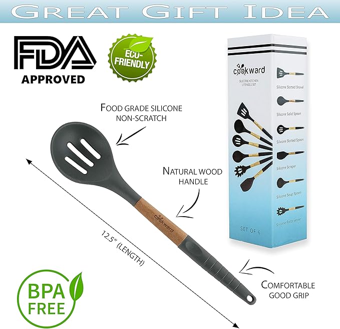 Silicone Cooking Utensils Set 6 Piece – Heat Resistant up to 480°F, BPA Free & Non-Scratch Kitchen Tools with Natural Wood Handles, Dark Gray