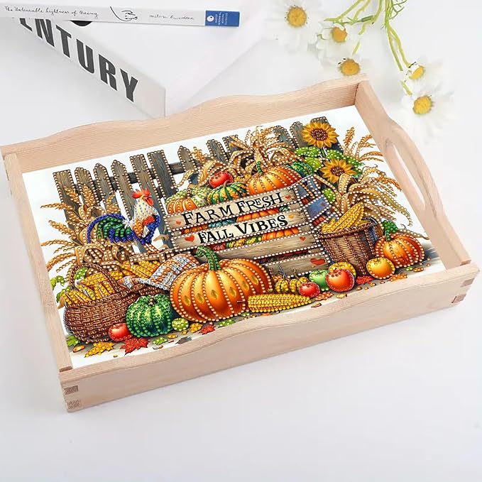 DIY Diamond Serving Tray with Handle Handmade Gem Painting Wooden Rectangular Breakfast Tray for Dinner Plate Coffee Room Living Home Organizer-Autumn Harvest