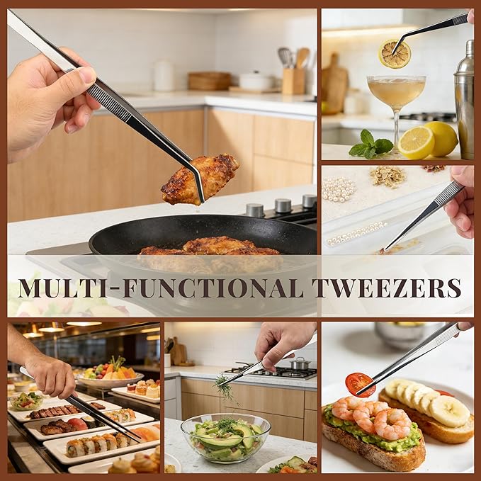Kitchen Tweezers Tongs Set of 4, Stainless Steel Cooking Utensils, Straight & Bent Tip, Chef Tools (7.9″+ 9.8″+11.8″)