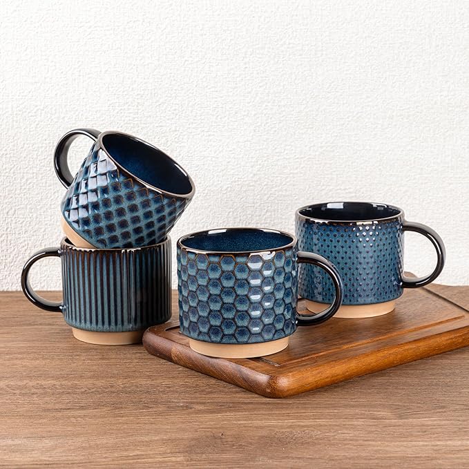 GBhome 12 OZ Stackable Coffee Mugs, Ceramic Coffee Mugs with Texture Patterns for Man,Woman,Dad,Mom, Modern Coffee Mugs Set of 4 for Latte/Cappuccino/Cocoa. Dishwasher&Microwave Safe