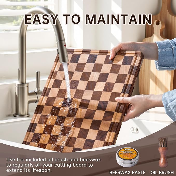 Wooden Cutting Board Set, Checkered Cutting Boards for Kitchen 3PCS, Walnut Chopping Board with Juice Grooves & Handles, Upgraded Decorative Serving Tray for Meat Vegetable Fruit, with Gift Box