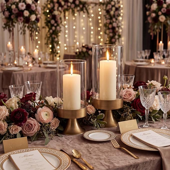 Gold Hurricane Candle Holder with Glass Cylinder Decorative Metal Pedestal Candlestick Holders for Pillar Candles Elegant Centerpiece for Dining Table Wedding Fireplace Mantel Living Room Home Decor
