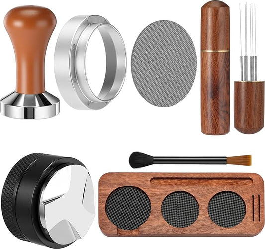 7 Pcs Espresso Accessories Kit, 53 mm Coffee Tamper Set Espresso Machine Accessories Coffee Tamper Wdt Tool Dosing Funnel Puck Screen Brush Tamping Station for 53 mm Barista Tools