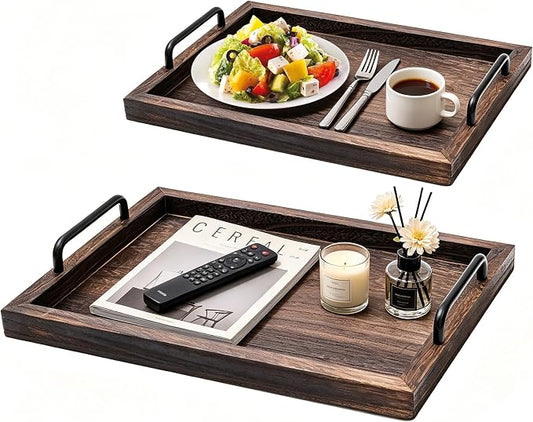 Lightweight Wood Serving Trays with Metal Handles, Set of 2 Nesting Wooden Ottoman Tray for Living Room, Farmhouse Wooden Trays for Decor, Breakfast, Dinner, Drinks, Coffee Table Tray, Brown