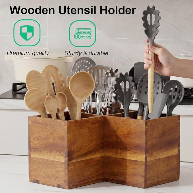 ZUJJAFY Utensil Holder, Corner Utensil Holder for Kitchen Counter, Acacia Wood Kitchen Utensil Holder for Countertop with 3 Compartments, Wooden Cooking Utensil Organizer for Spatula Storage