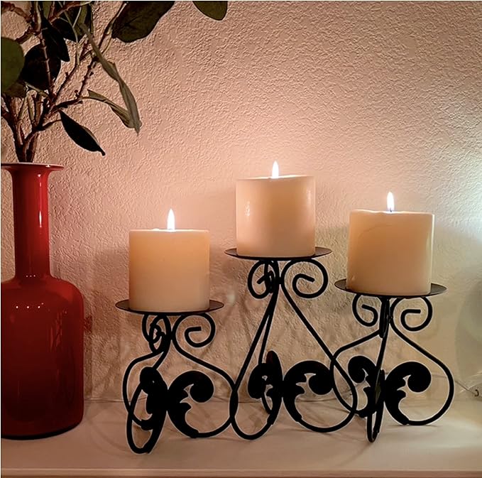 Lily’s Home Elegant Scrollwork Fleur De Lis Pillar Candle Holders, Wax & LED Candle Stands, Black, Set of 3. Candles Not Included