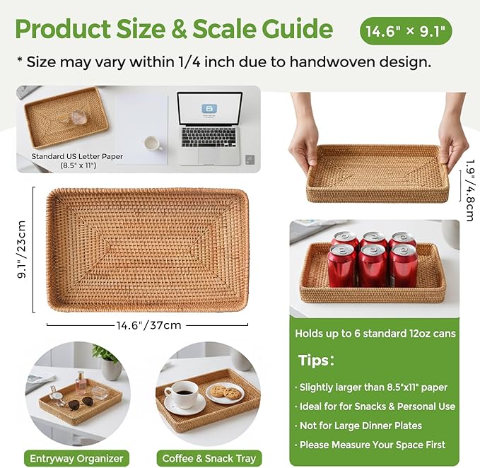 Wicker Storage Basket, Rattan Tray Rectangular for Bathroom Living Room, Decorative Serving Woven Trays Wicker Baskets for Organizing, Woven Seagrass Tray for Storage Home Decor L(14.6" × 9.1")