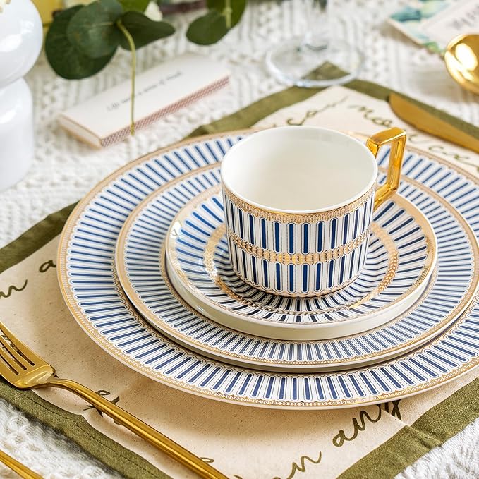 CwlwGO-Ceramic Coffe Cups and Saucer Sets,British Bone China Blue Gold Tea Cup and Saucers Service for 4,Gifts Box, China Tea Set, Tea Sets for Women and Adults.