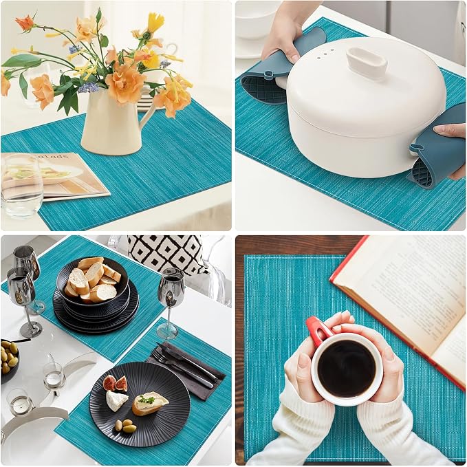 Niviy Teal Blue Placemats Set of 4, 12x18 Inch Washable Easy to Clean Heat-Resistant Anti-Skid Teal Blue Placemats for Holiday Party Kitchen Dining Room Decoration