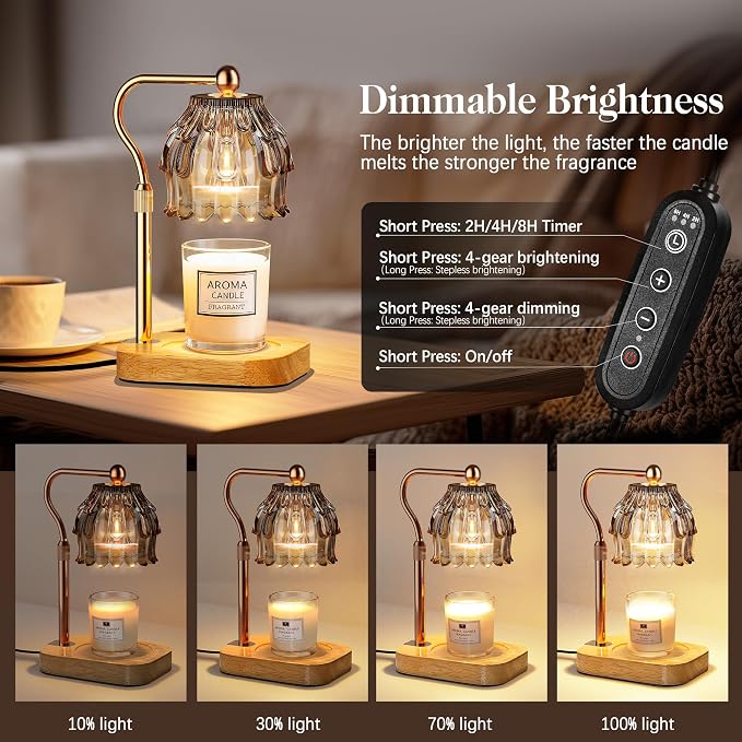 Candle Warmer Lamp with Timer Dimmer, Modern Wax Warmer for Scented Wax Jar Candle Warmer with 2 Bulbs, Adjustable Height Glass Lamp for Gifts for Women, House Warming Gifts, Home Decor, Gold Grey