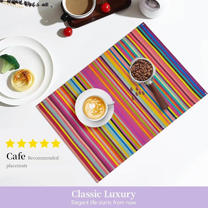 Bloss Mexican Placemats Set of 6, Linen Woven Rainbow Place Mats for Kitchen Table Indoor/Outdoor, 12" x 18" Washable Placemat Dining Table Mats