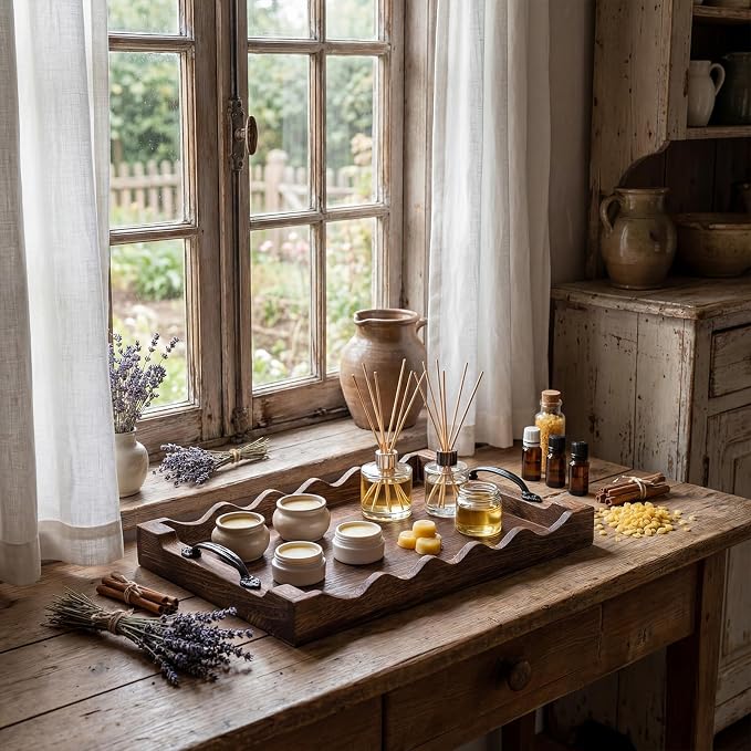 4 Pcs Rustic Wood Scalloped Serving Tray Wood Decorative Serving Tray with Handle Rustic Rectangular Platter 13 x 9.5 for Farmhouse Ottoman Breakfast Coffee Table Home Kitchen Decor(Brown)
