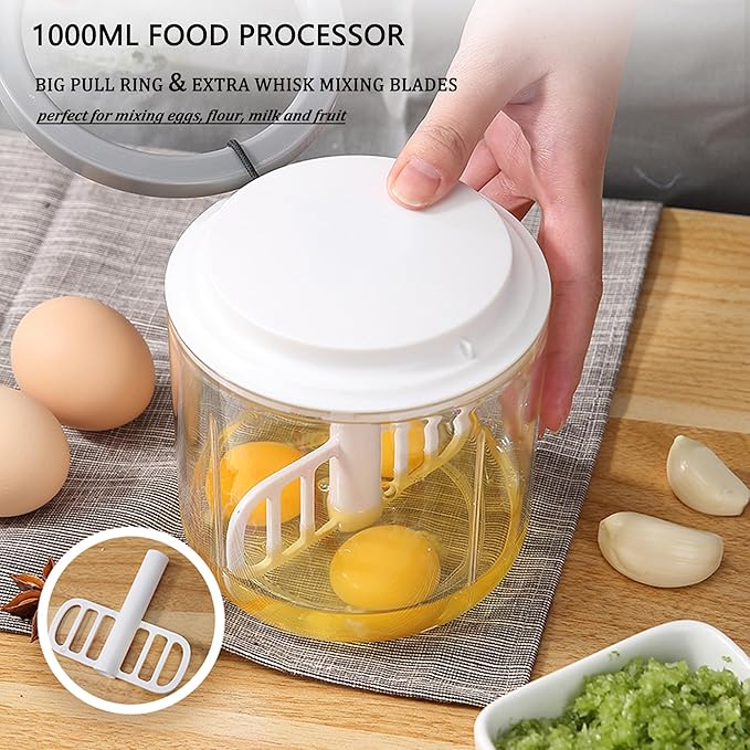 Manual Food Processor Vegetable Chopper, ZWCEGND 1000ML Onion Chopper Hand Pull String Garlic Chopper Mincer, Whisk and Smoothie Blender