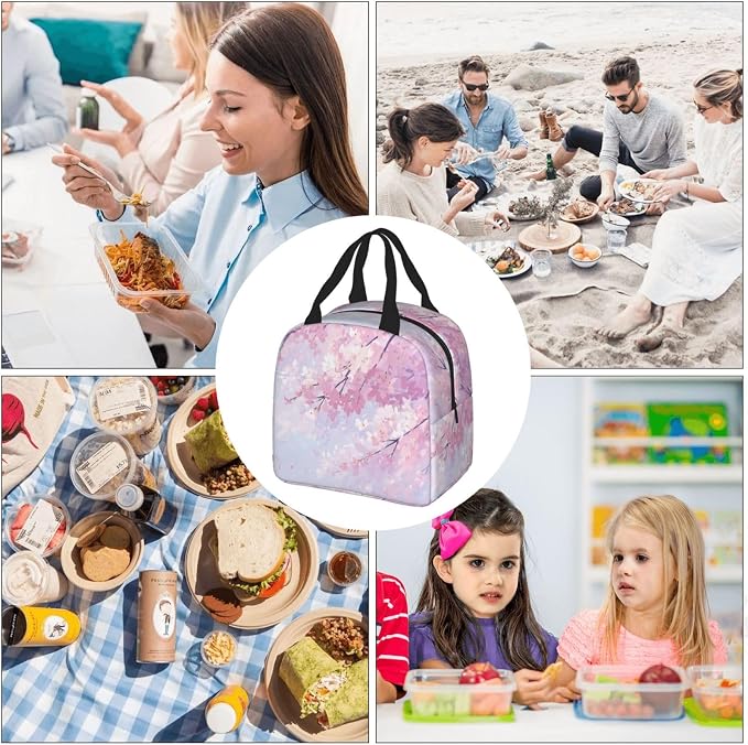 Insulated Lunch Bag Floral Cherry Blossom Flower, Leakproof Lunch Tote for Work School, Reusable Lunch Box Cooler for Adults Students, Compact Lunch Bag for Office College Picnic