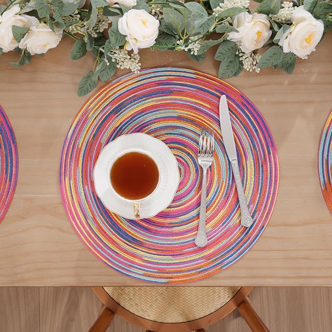 SHACOS 15 inch Round Placemats Set of 6 Variegated Multicolor Place Mats Cotton Polyester Braided Non Slip Washable Heat Resistant Table Mats for Home Wedding Dinner Party Table Decor, Rainbow Pink